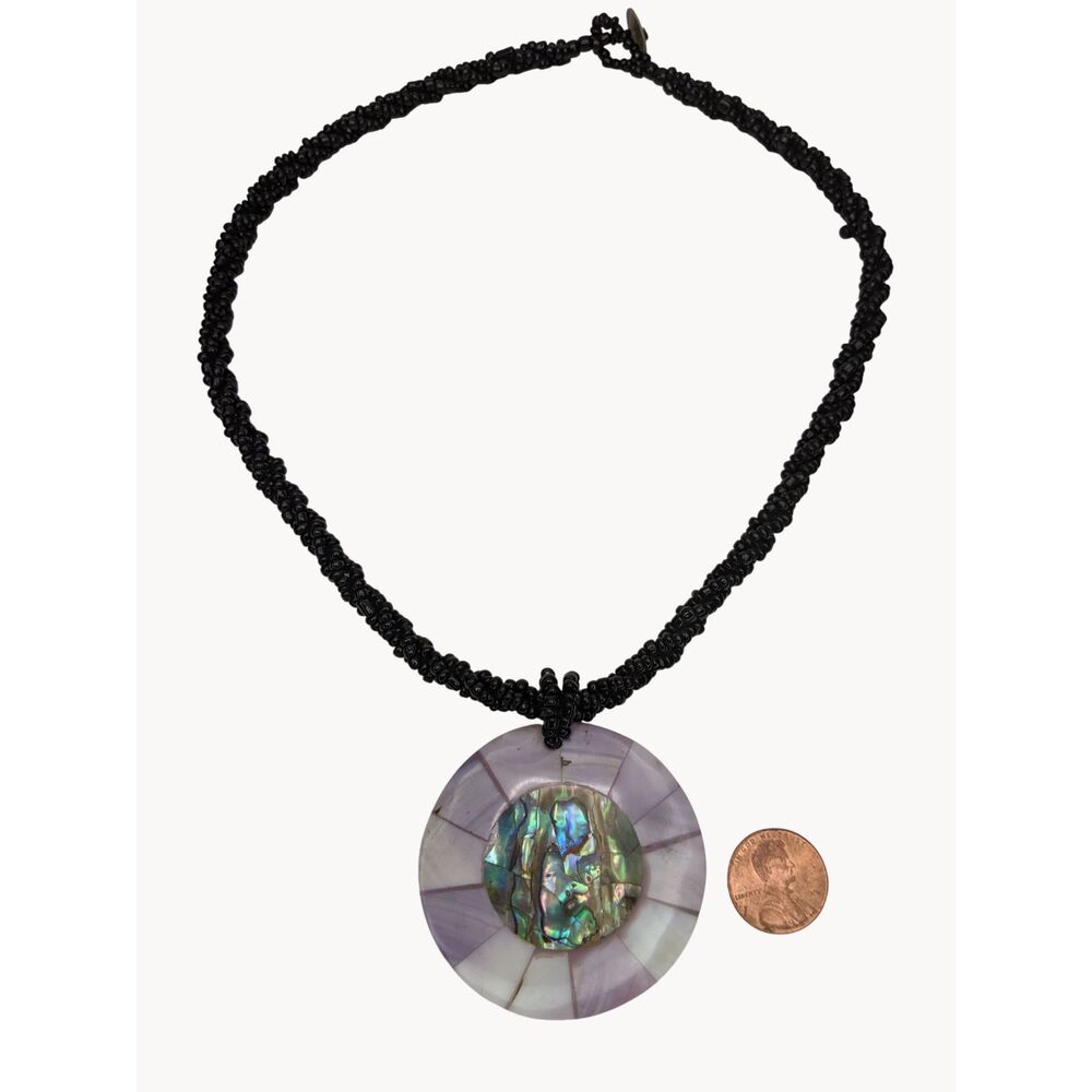 Abalone Mother Of Pearl Mosaic Necklace Purple MOP Black Seed Beads Boho 1980s